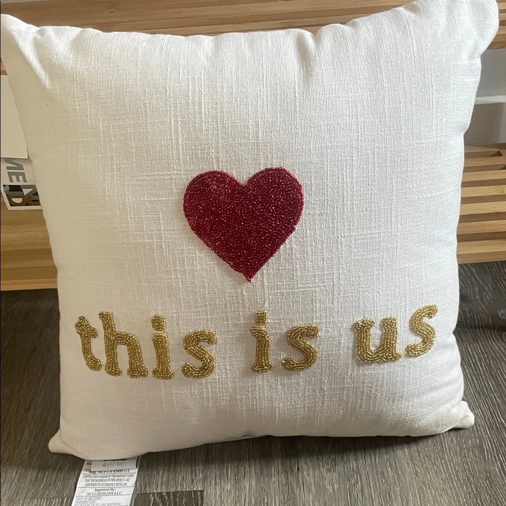 White Pillow with Red Beaded Heart and Gold Beaded Text